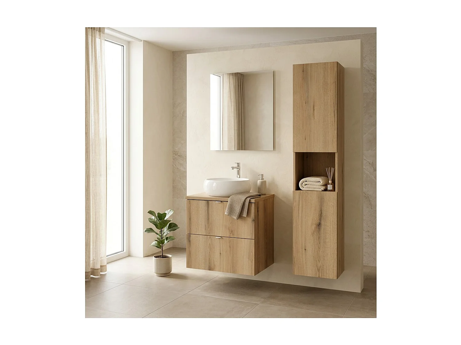 Ensemble VANO aspect chêne 90cm : meuble sous vasque à tiroirs + plan pour vasque + vasque à poser ronde blanche + colonne