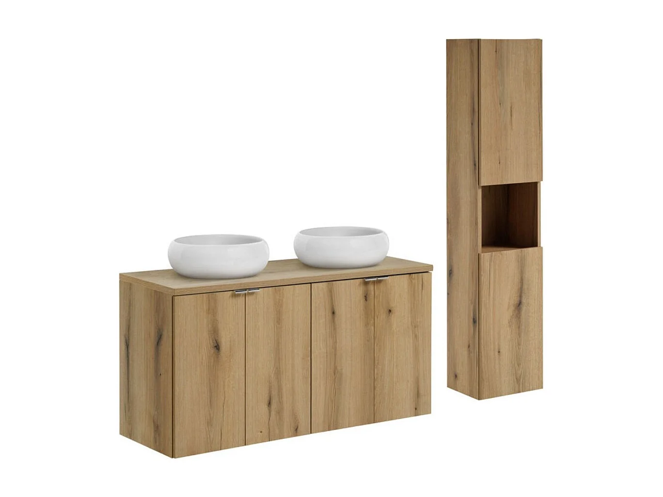 Ensemble VANO aspect chêne 150cm : meubles sous vasque à placards + plan pour vasque + vasques à poser ronde blanche + colonne