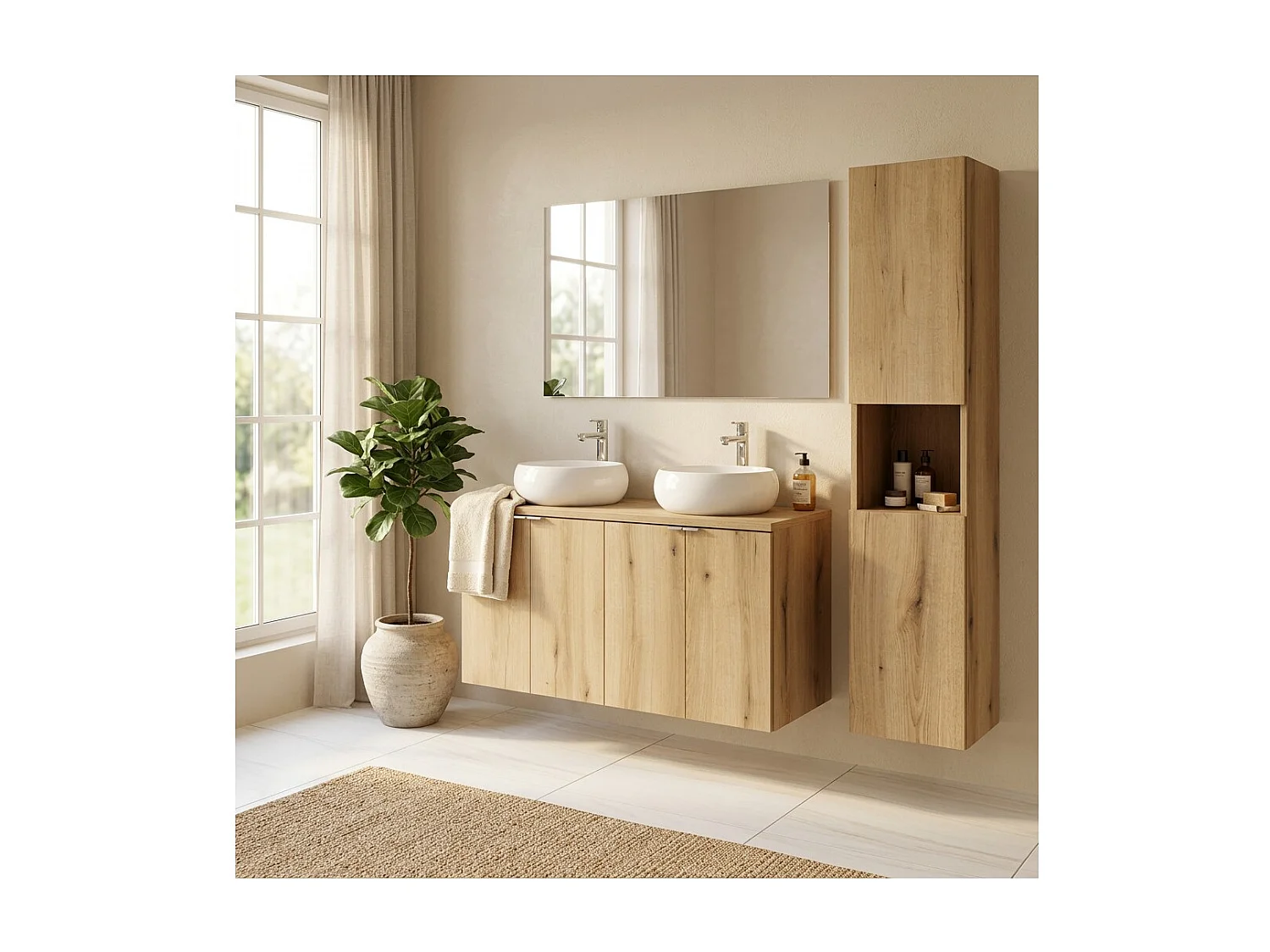 Ensemble VANO aspect chêne 150cm : meubles sous vasque à placards + plan pour vasque + vasques à poser ronde blanche + colonne