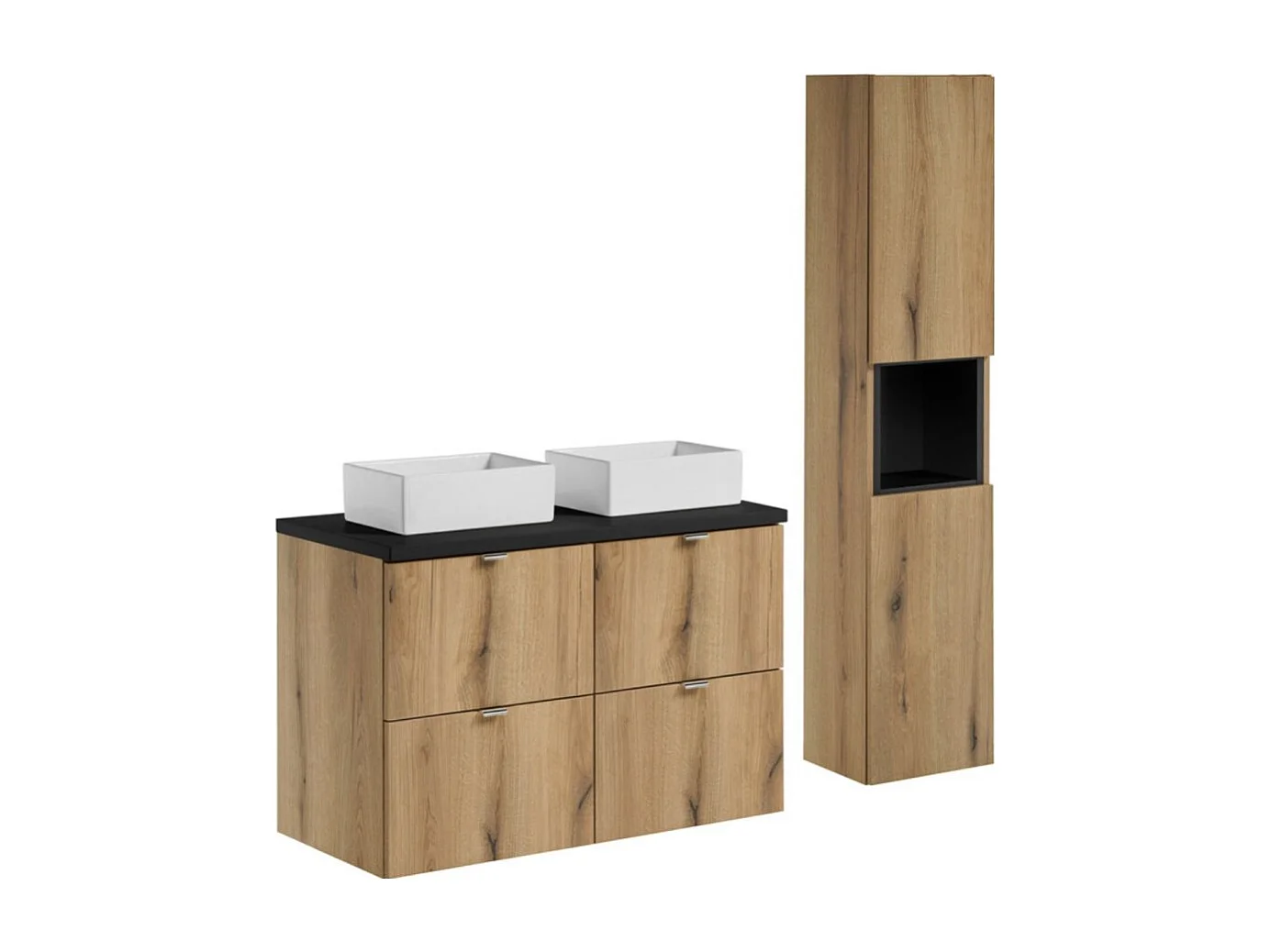 Ensemble VANO chêne et noir 130cm : meubles sous vasque à tiroirs + plan pour vasque + vasques à poser rectangulaires + colonne