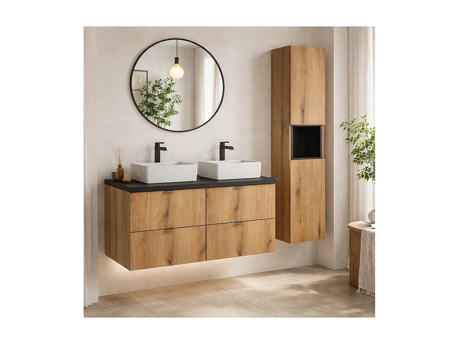 Ensemble VANO chêne et noir 130cm : meubles sous vasque à tiroirs + plan pour vasque + vasques à poser rectangulaires + colonne