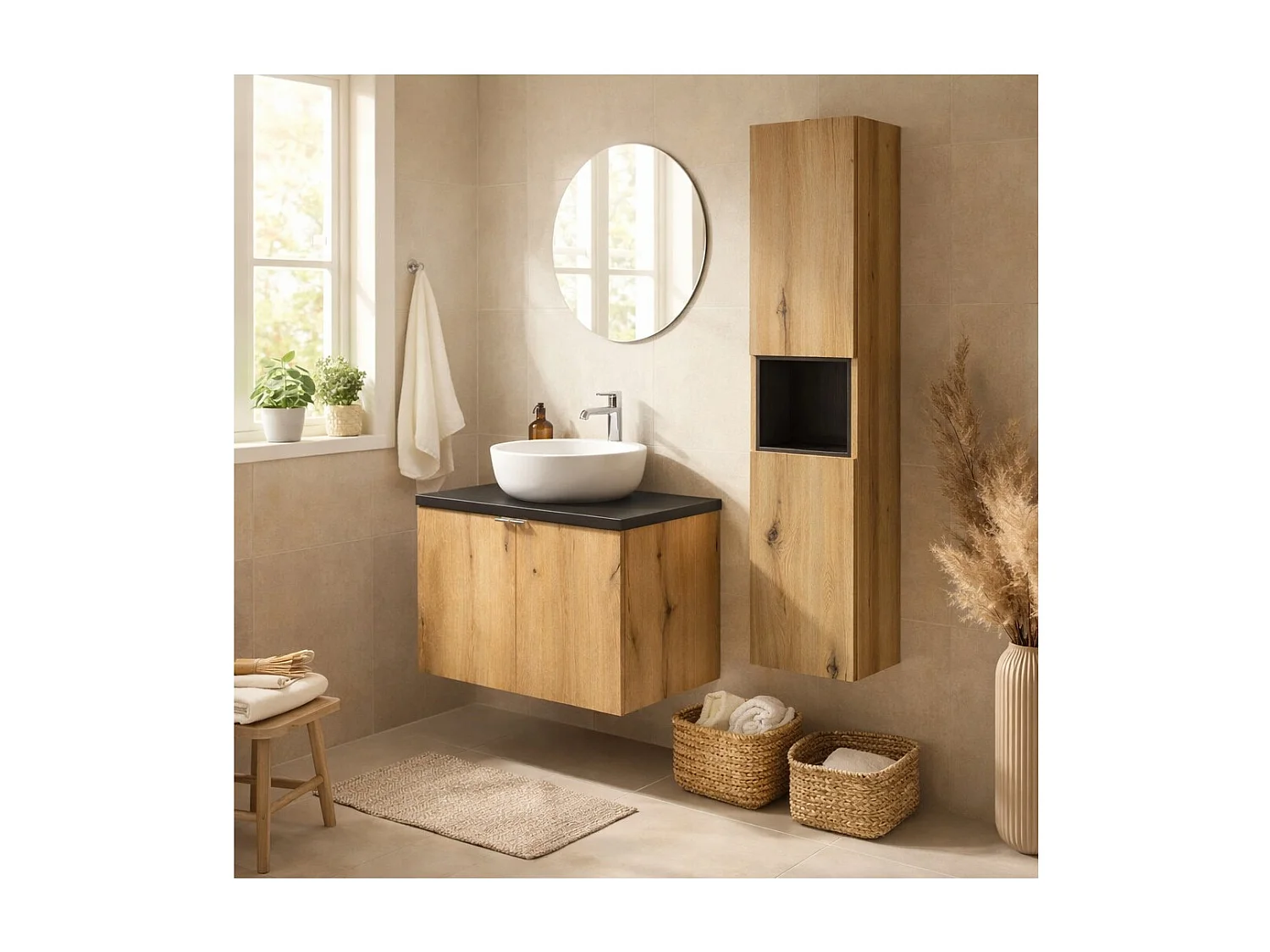 Ensemble de salle de bain VANO aspect chêne et noir 110cm : meubles sous vasque à placards + plan pour vasque + colonne