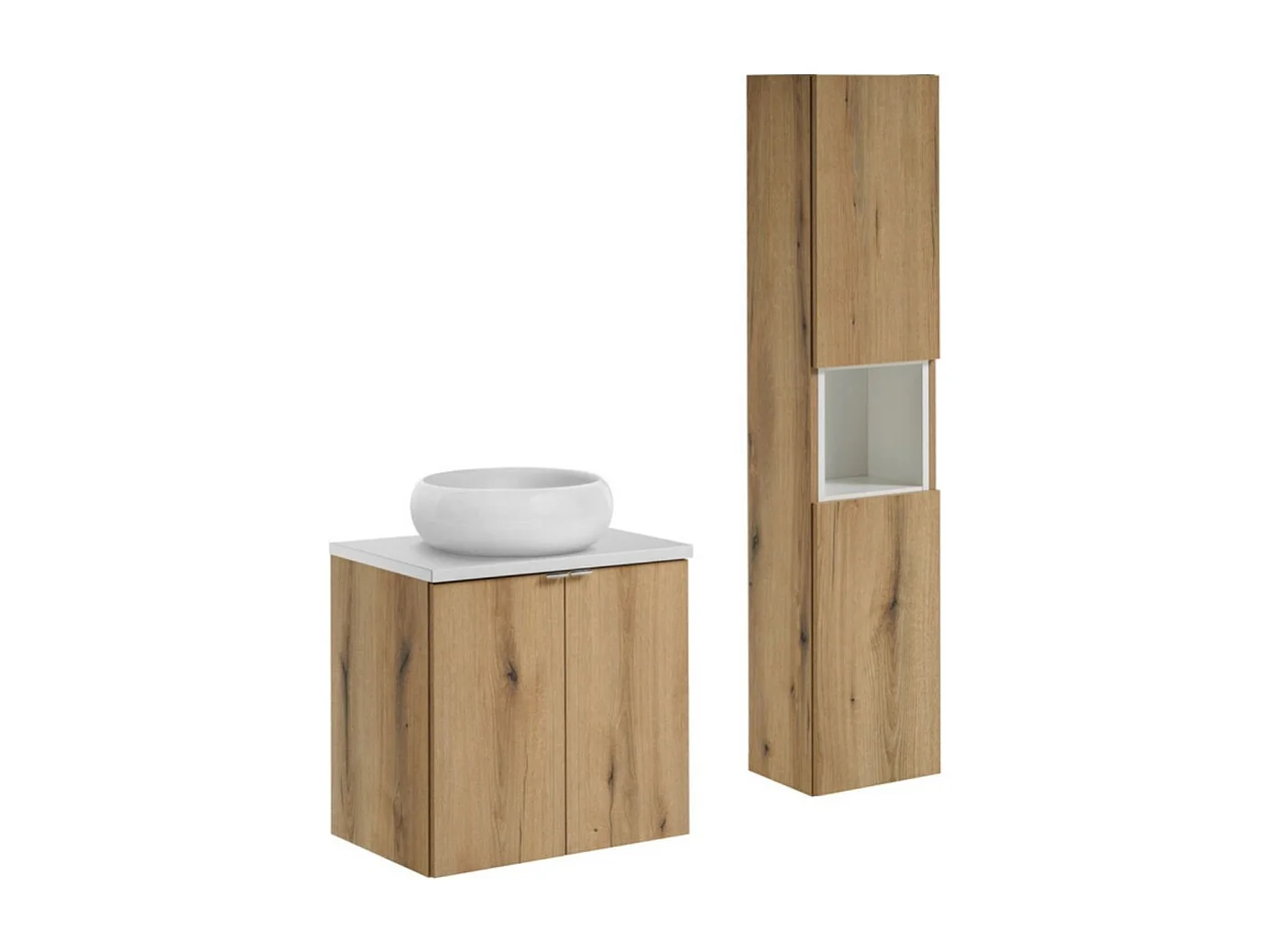 Ensemble VANO aspect chêne et blanc 90cm : meuble sous vasque à placards + plan pour vasque + vasque à poser ronde + colonne