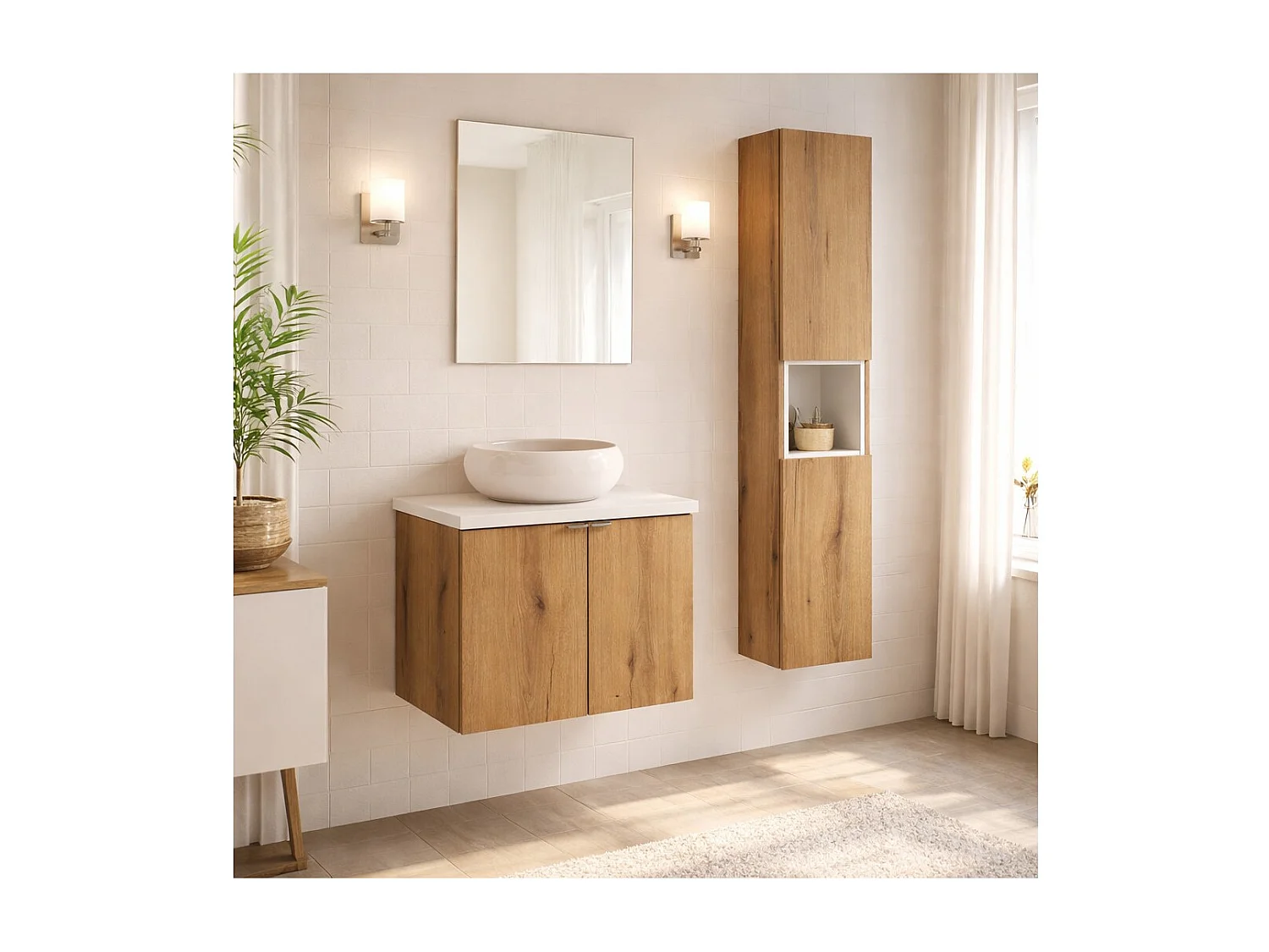 Ensemble VANO aspect chêne et blanc 90cm : meuble sous vasque à placards + plan pour vasque + vasque à poser ronde + colonne