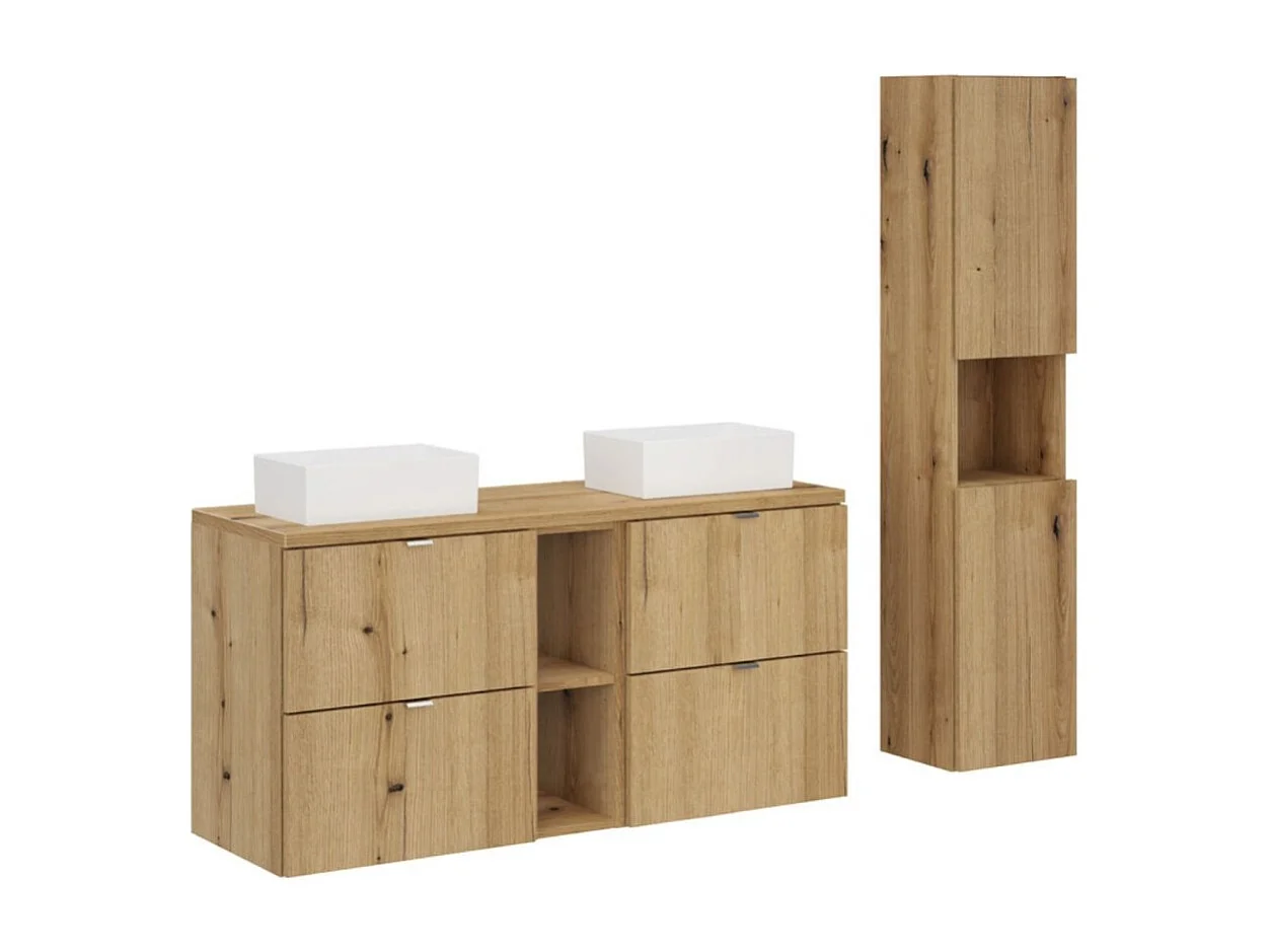 Ensemble VANO aspect chêne 150cm : meubles sous vasque à tiroirs et niches + plan pour vasque + vasques à poser + colonne