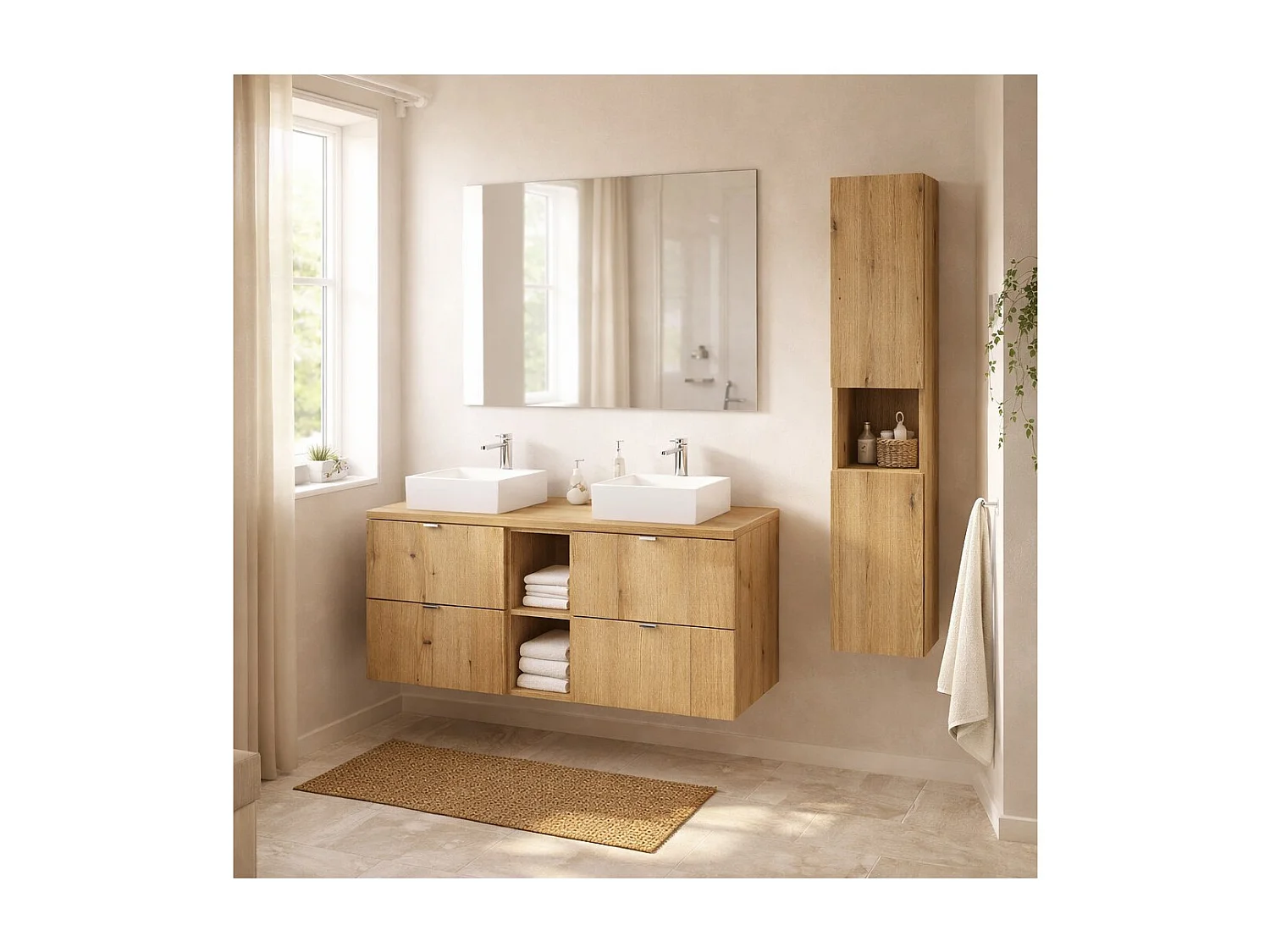 Ensemble VANO aspect chêne 150cm : meubles sous vasque à tiroirs et niches + plan pour vasque + vasques à poser + colonne