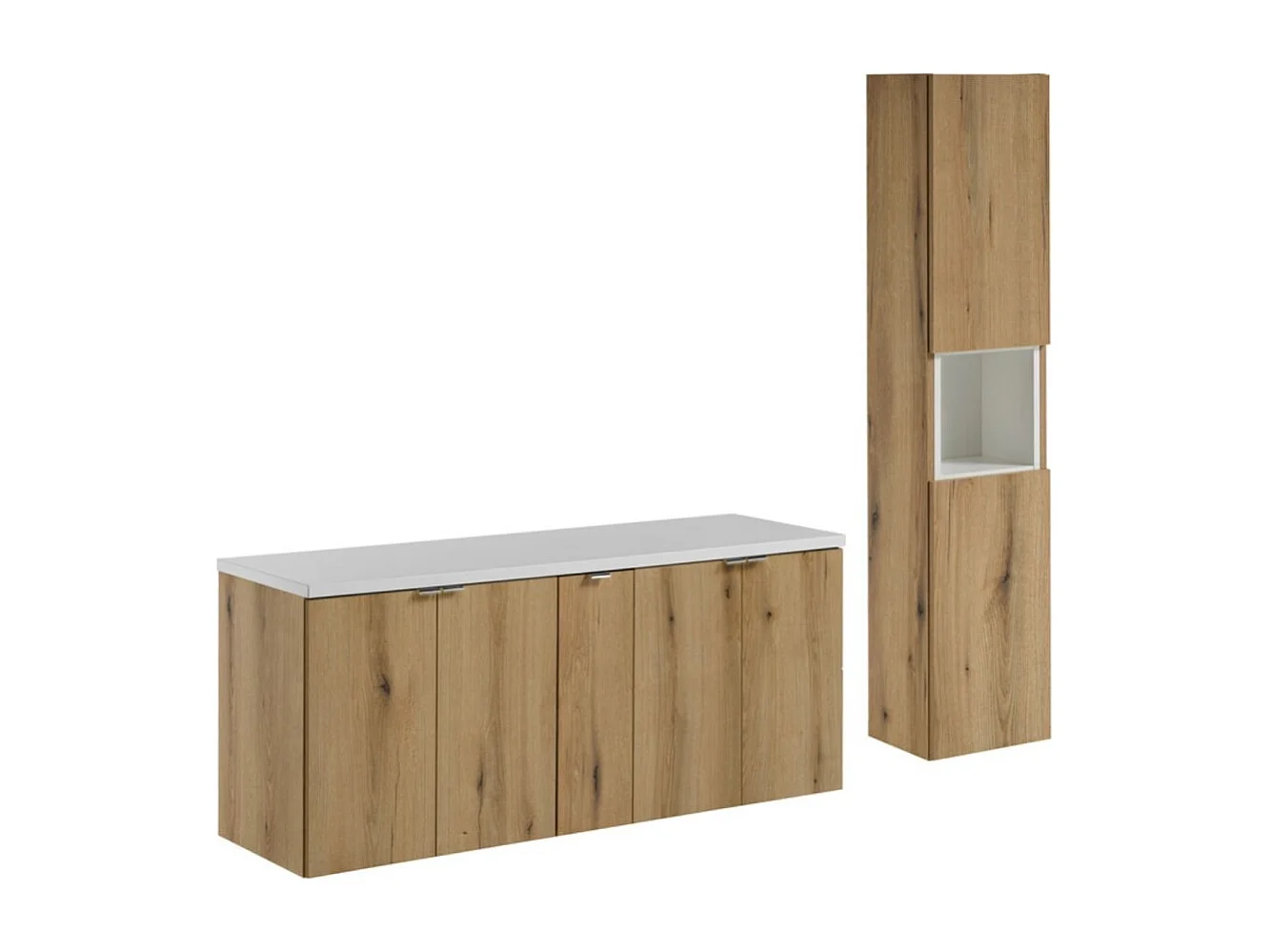Ensemble de salle de bain VANO aspect chêne et blanc 170cm : meubles sous vasque à placards + plan pour vasque + colonne