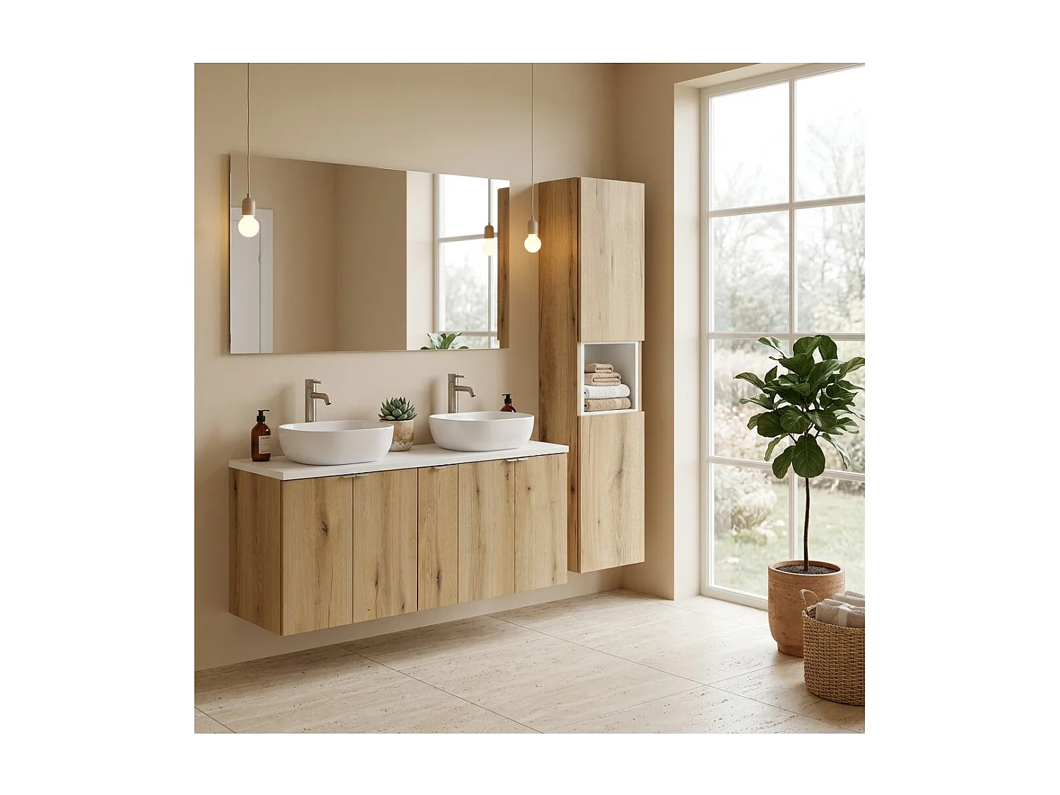 Ensemble de salle de bain VANO aspect chêne et blanc 170cm : meubles sous vasque à placards + plan pour vasque + colonne