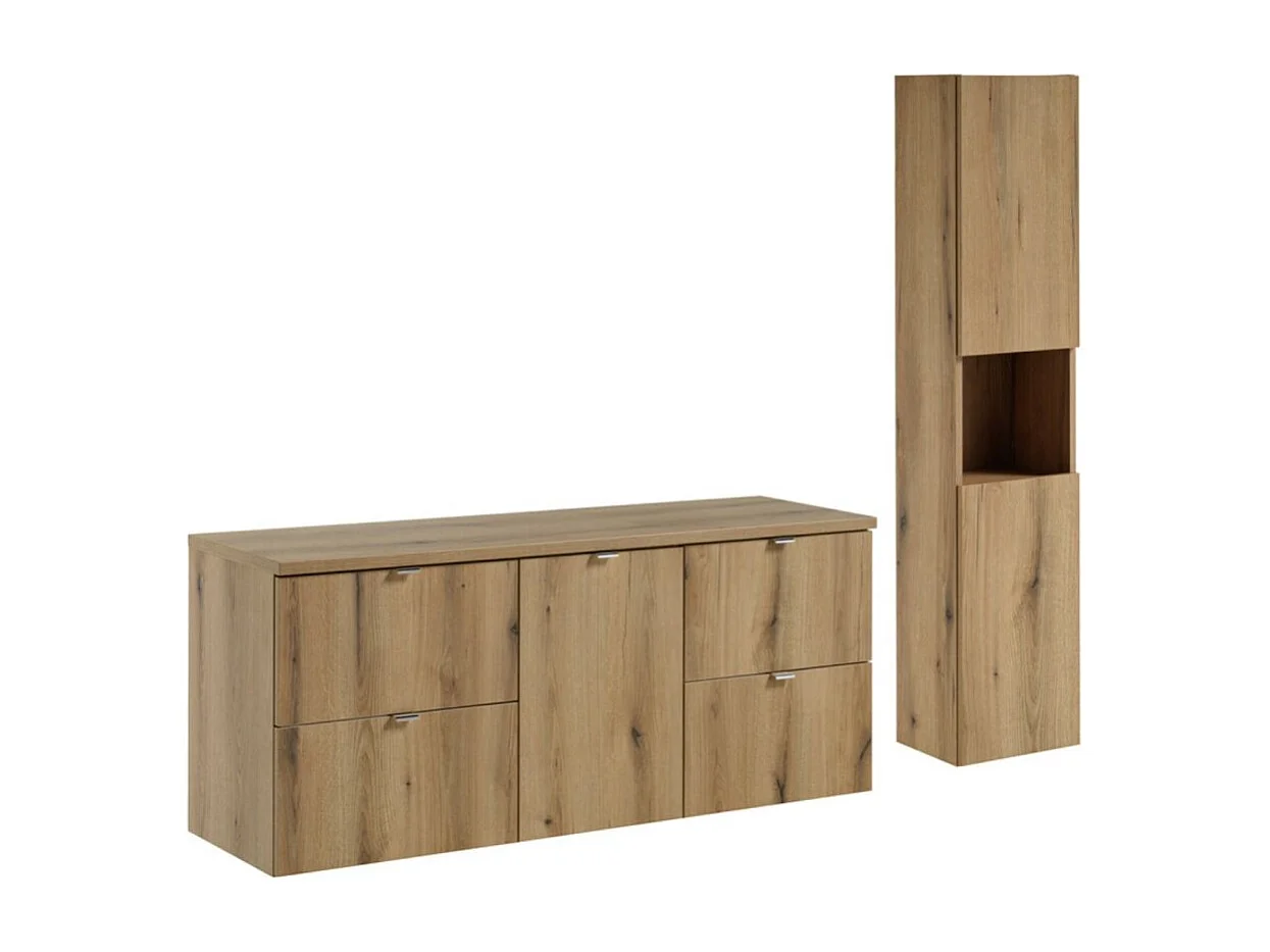 Ensemble suspendu VANO aspect chêne 170cm : meubles sous vasque à tiroirs et panier à linge intégré + plan pour vasque + colonne