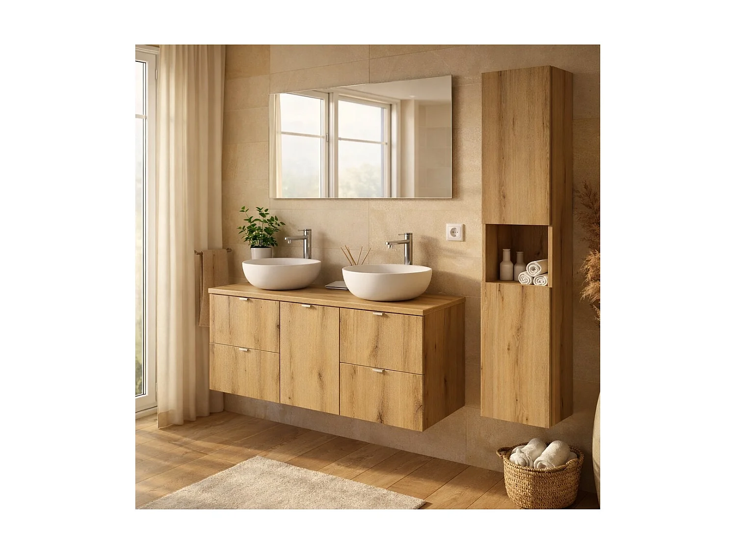 Ensemble suspendu VANO aspect chêne 170cm : meubles sous vasque à tiroirs et panier à linge intégré + plan pour vasque + colonne