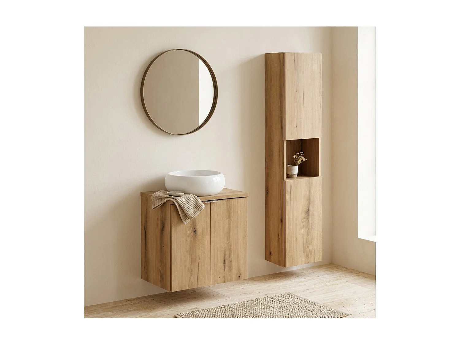 Ensemble VANO aspect chêne 90cm : meuble sous vasque à placards + plan pour vasque + vasque à poser ronde blanche + colonne