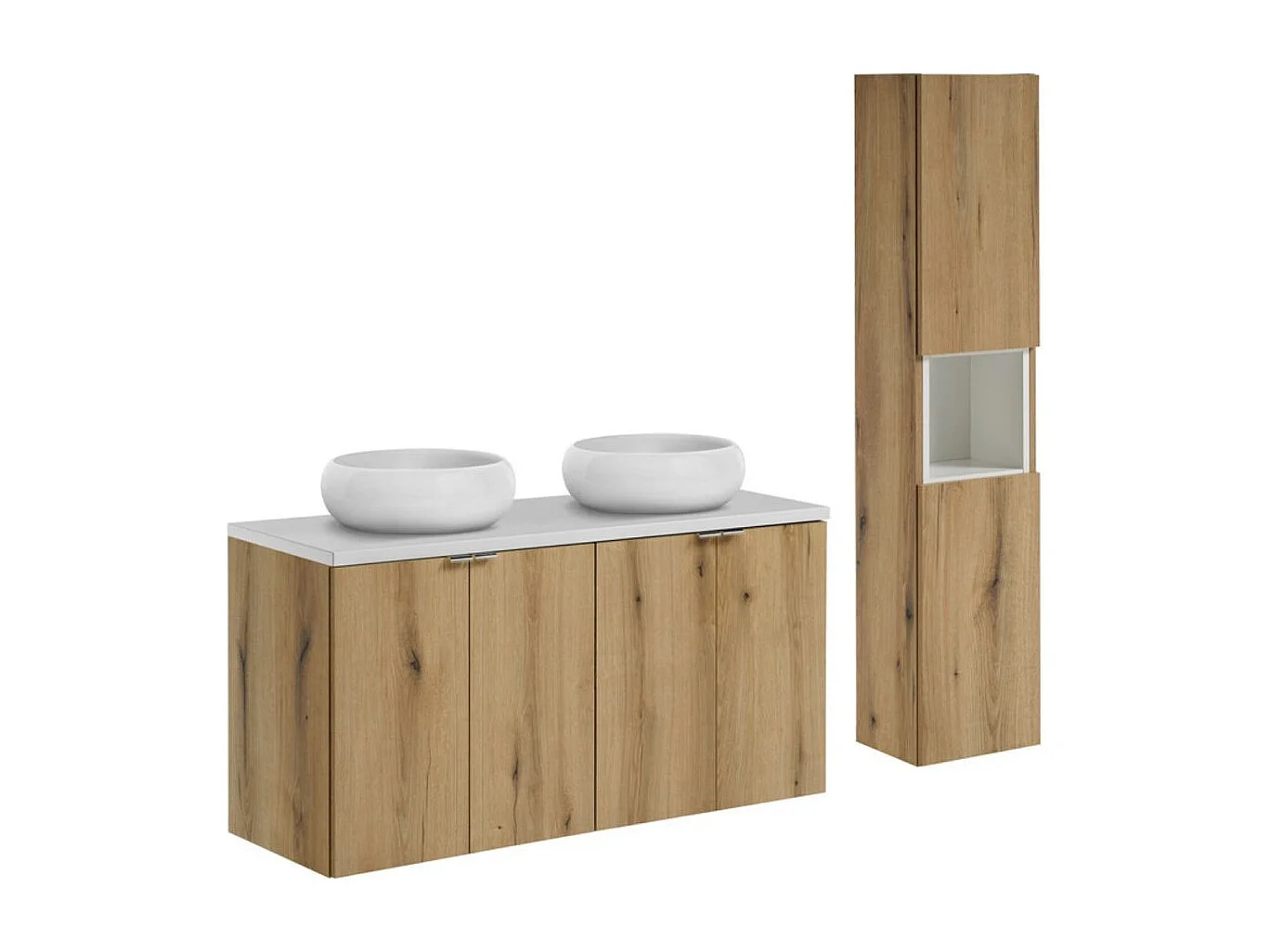 Ensemble VANO aspect chêne et blanc 150cm : meubles sous vasque à placards + plan pour vasque + vasques à poser ronde + colonne