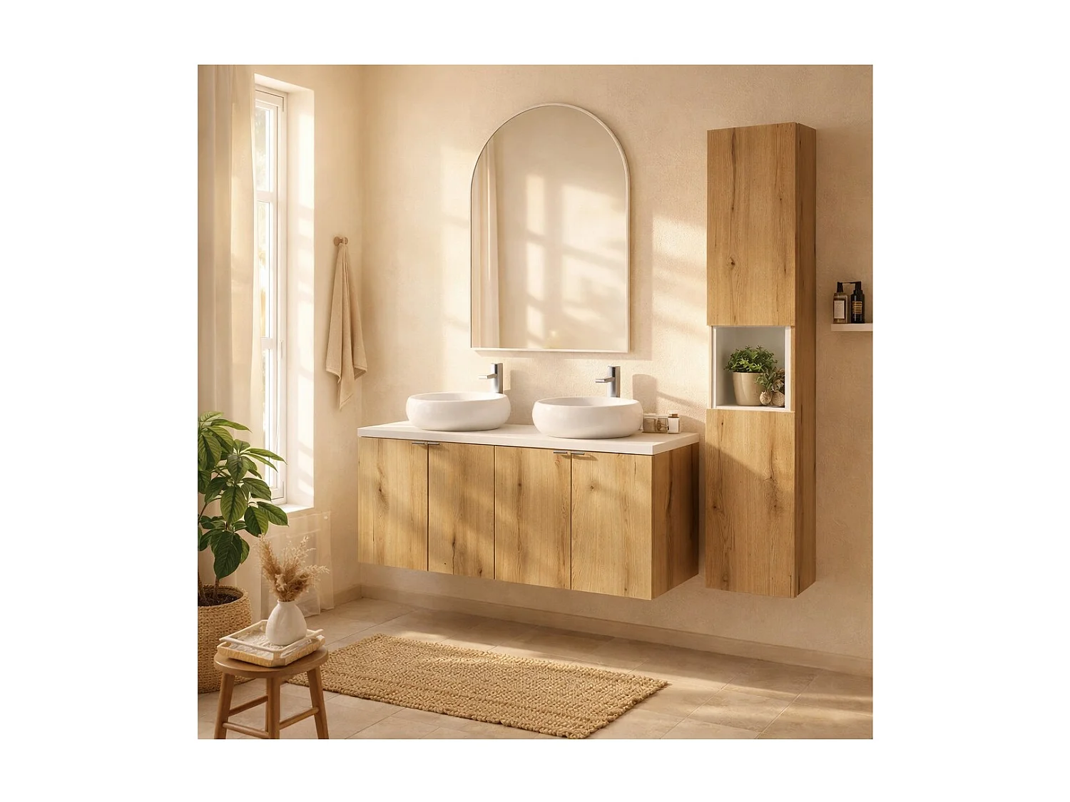 Ensemble VANO aspect chêne et blanc 150cm : meubles sous vasque à placards + plan pour vasque + vasques à poser ronde + colonne