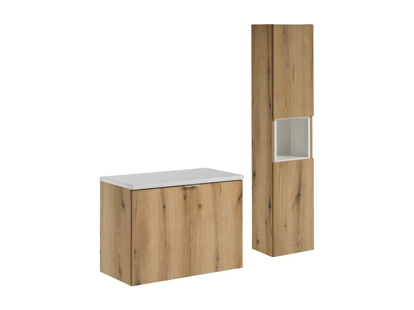 Ensemble de salle de bain VANO aspect chêne et blanc 110cm : meubles sous vasque à placards + plan pour vasque + colonne