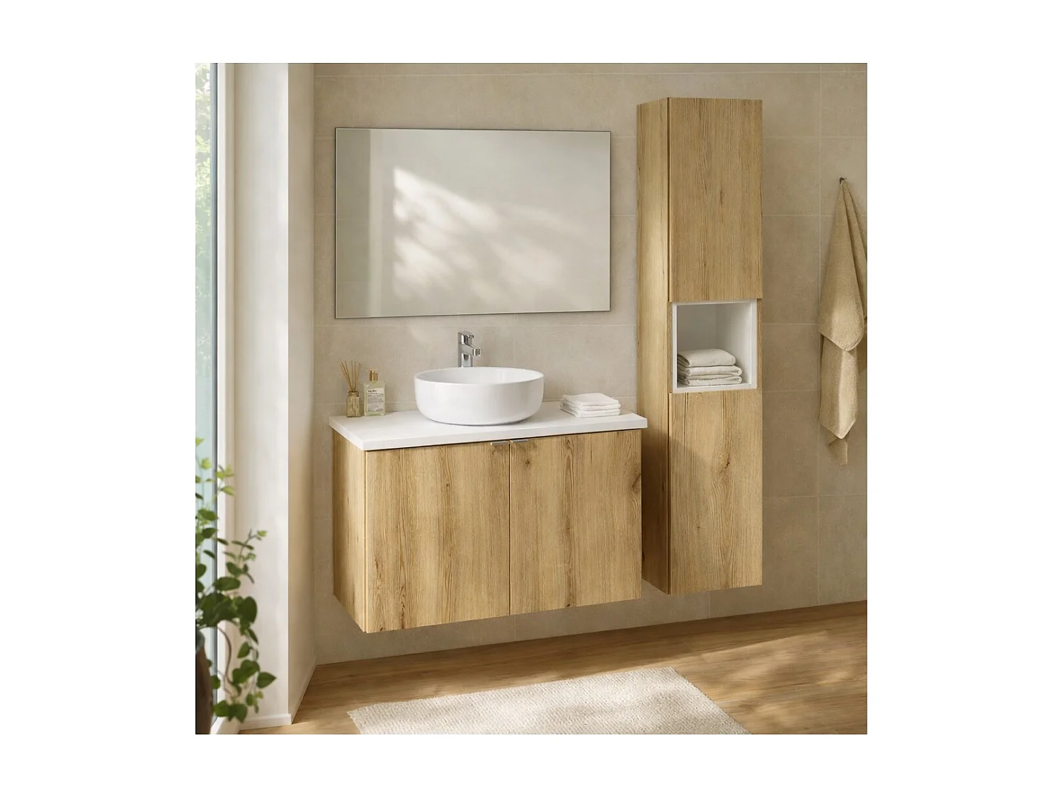 Ensemble de salle de bain VANO aspect chêne et blanc 110cm : meubles sous vasque à placards + plan pour vasque + colonne