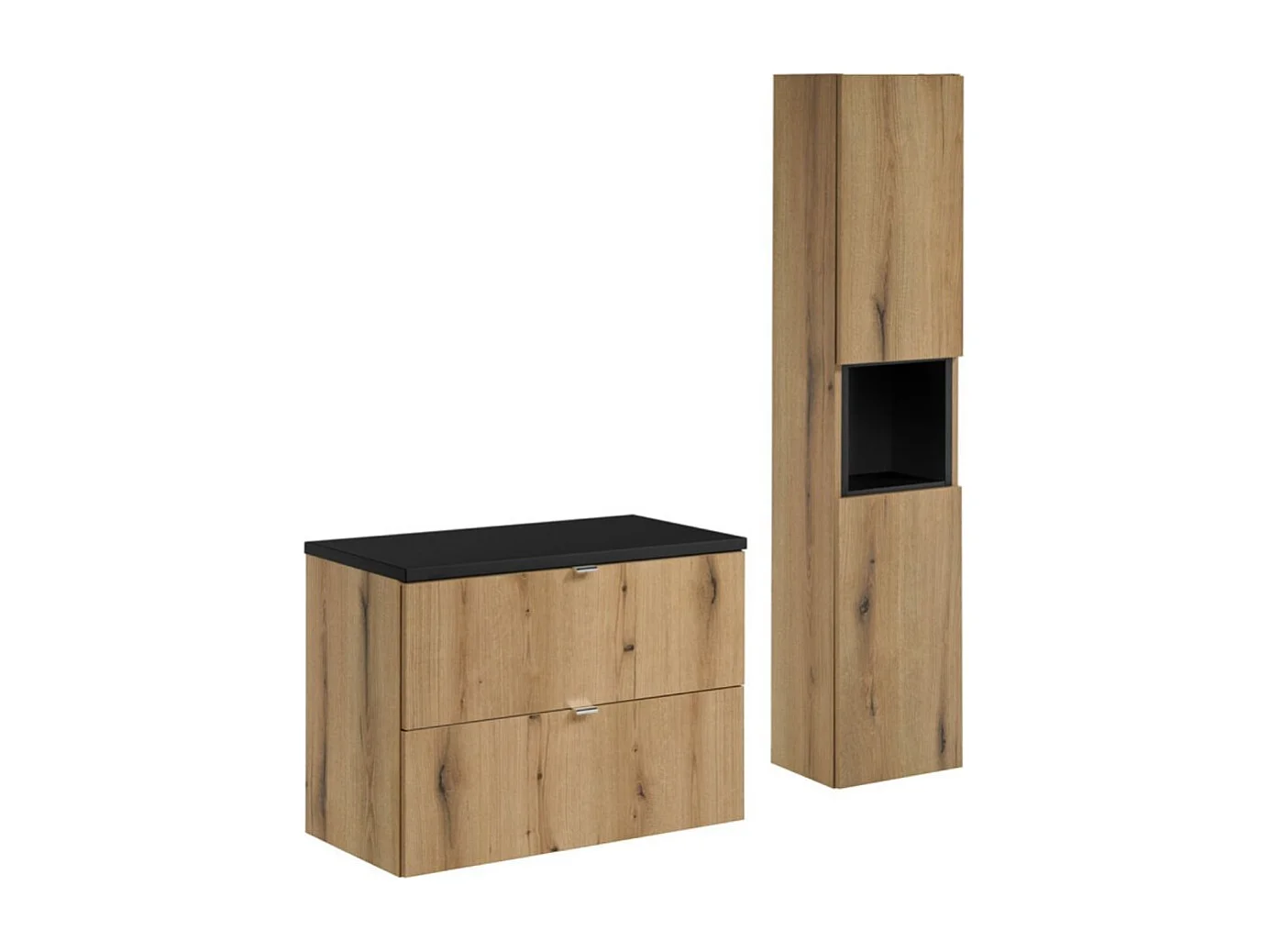 Ensemble de salle de bain VANO aspect chêne et noir 110cm : meubles sous vasque à tiroirs + plan pour vasque + colonne
