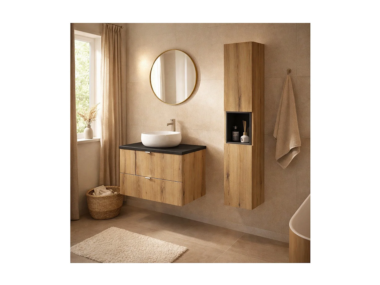 Ensemble de salle de bain VANO aspect chêne et noir 110cm : meubles sous vasque à tiroirs + plan pour vasque + colonne