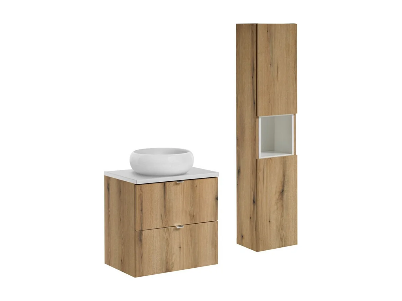 Ensemble VANO aspect chêne et blanc 90cm : meuble sous vasque à tiroirs + plan pour vasque + vasque à poser ronde + colonne