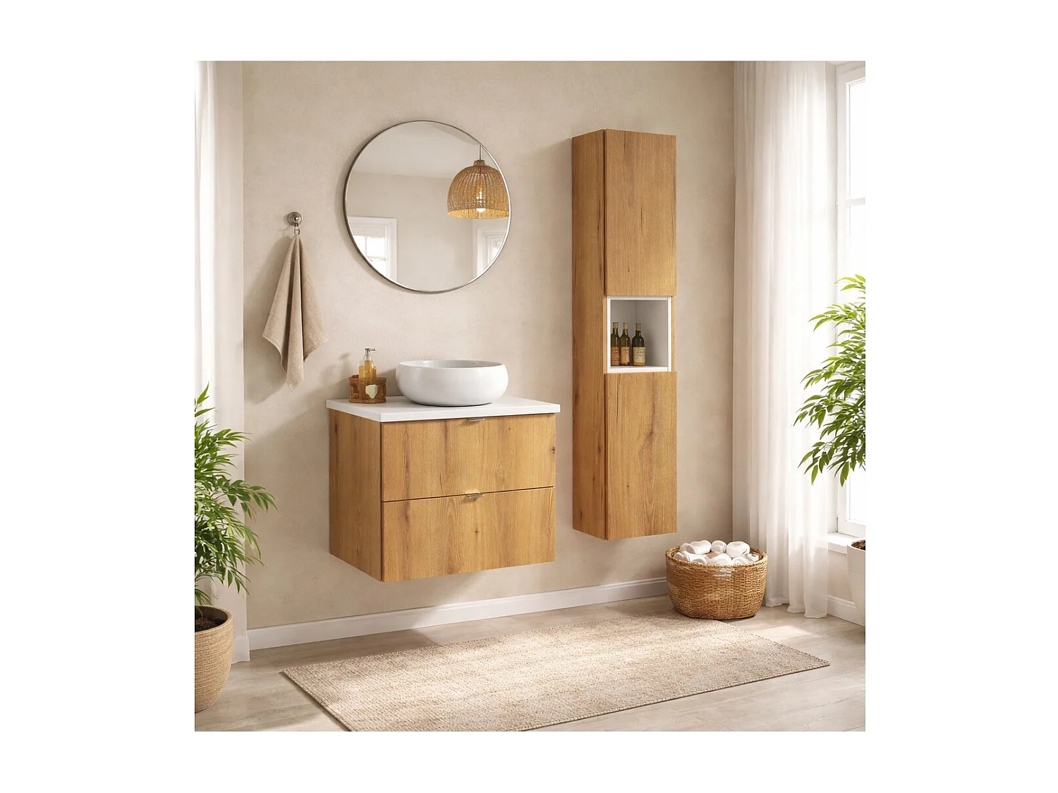 Ensemble VANO aspect chêne et blanc 90cm : meuble sous vasque à tiroirs + plan pour vasque + vasque à poser ronde + colonne