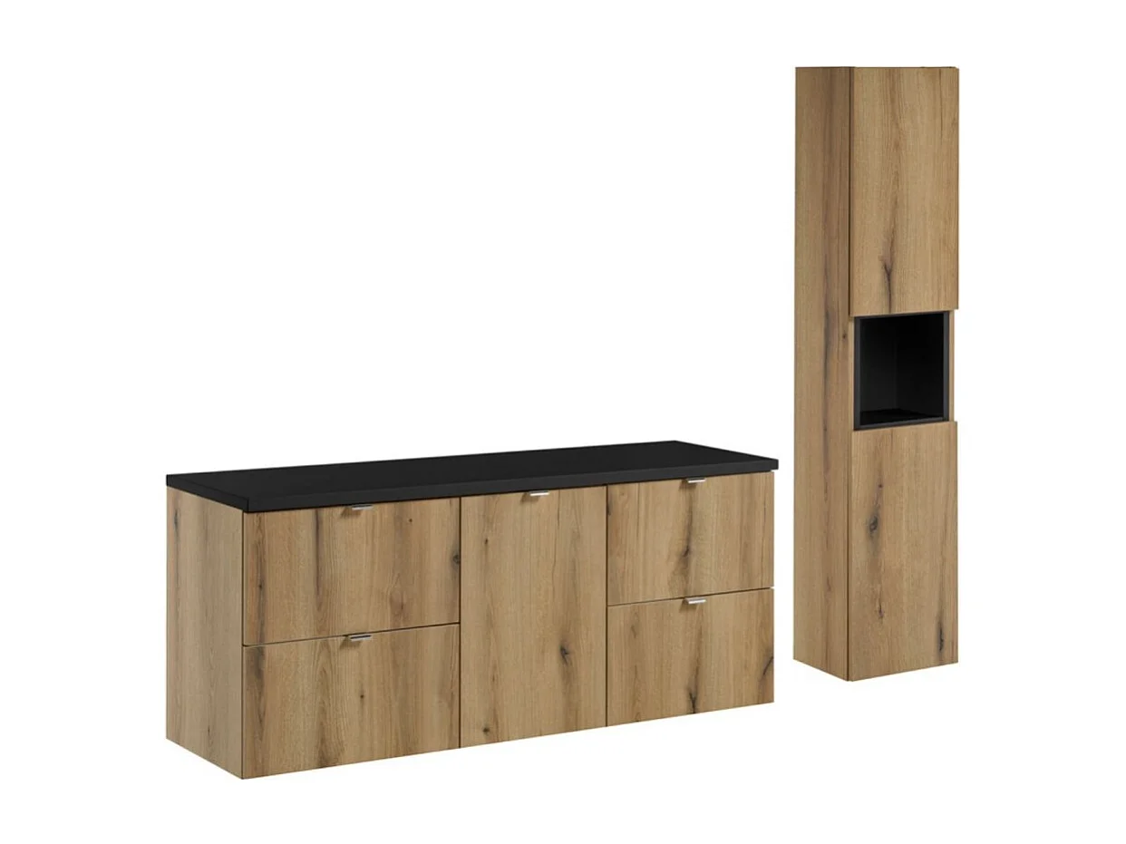 Ensemble VANO aspect chêne et noir 170cm : meubles sous vasque à tiroirs et panier à linge intégré + plan pour vasque + colonne