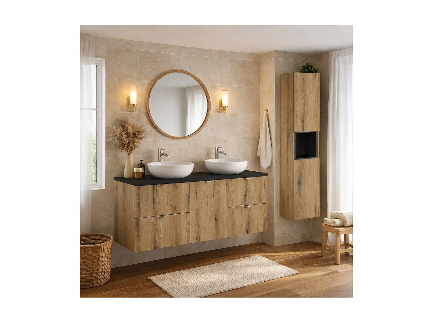 Ensemble VANO aspect chêne et noir 170cm : meubles sous vasque à tiroirs et panier à linge intégré + plan pour vasque + colonne