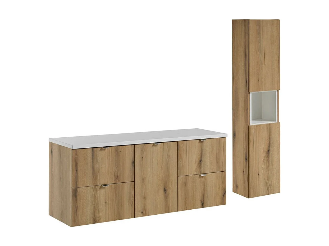 Ensemble VANO aspect chêne et blanc 170cm : meubles sous vasque à tiroirs et panier à linge intégré + plan pour vasque + colonne