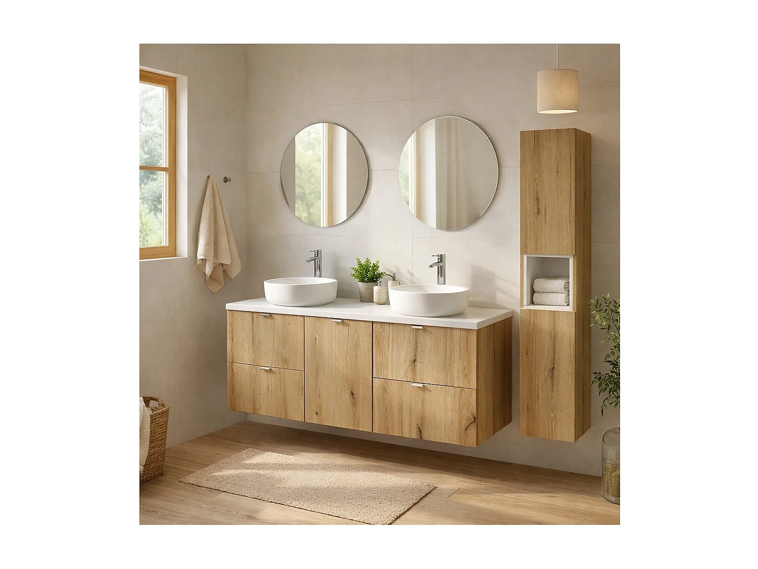 Ensemble VANO aspect chêne et blanc 170cm : meubles sous vasque à tiroirs et panier à linge intégré + plan pour vasque + colonne