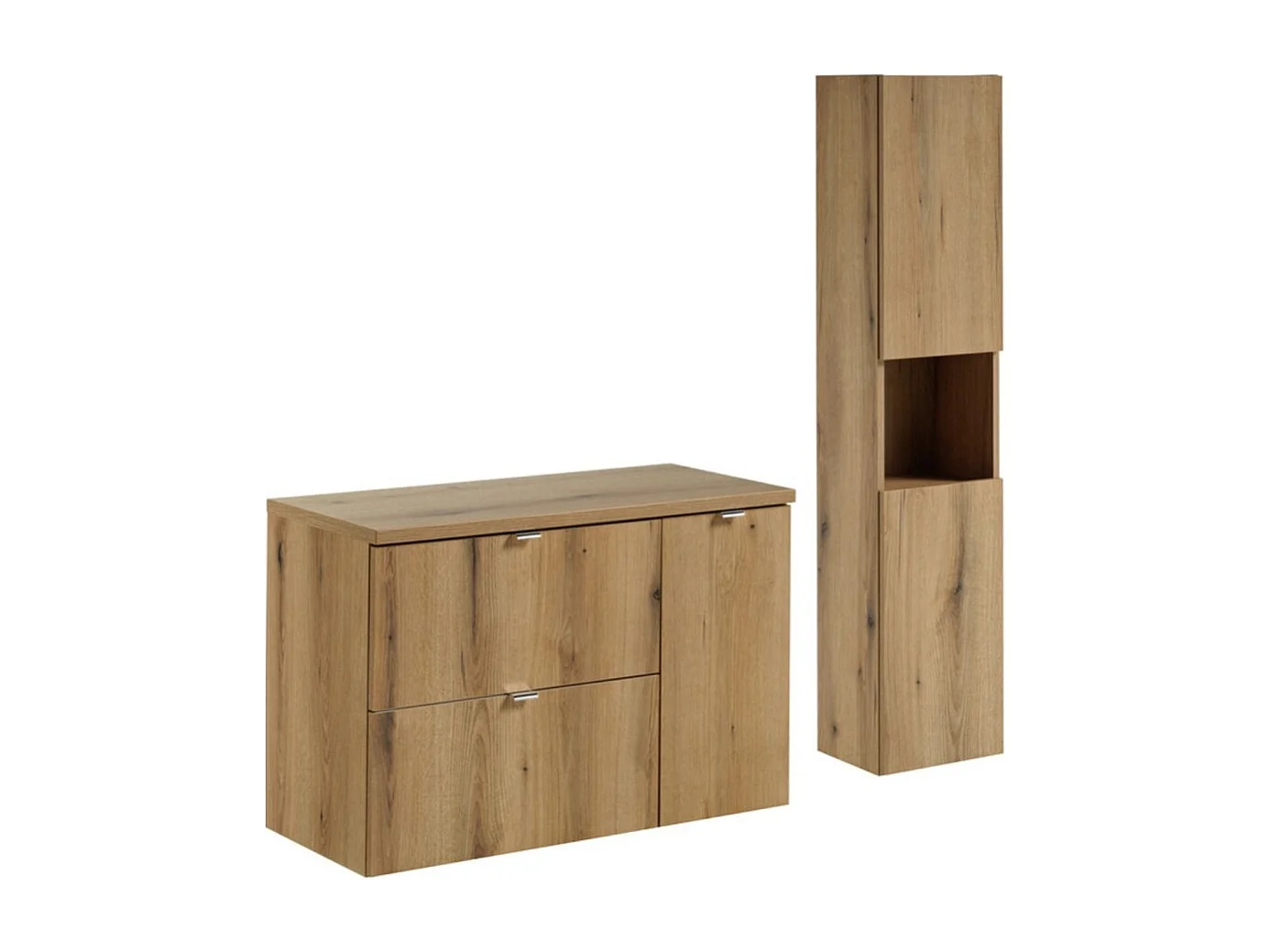 Ensemble de salle de bain VANO aspect chêne 120cm : meuble sous vasque à tiroirs et placards + plan pour vasque + colonne