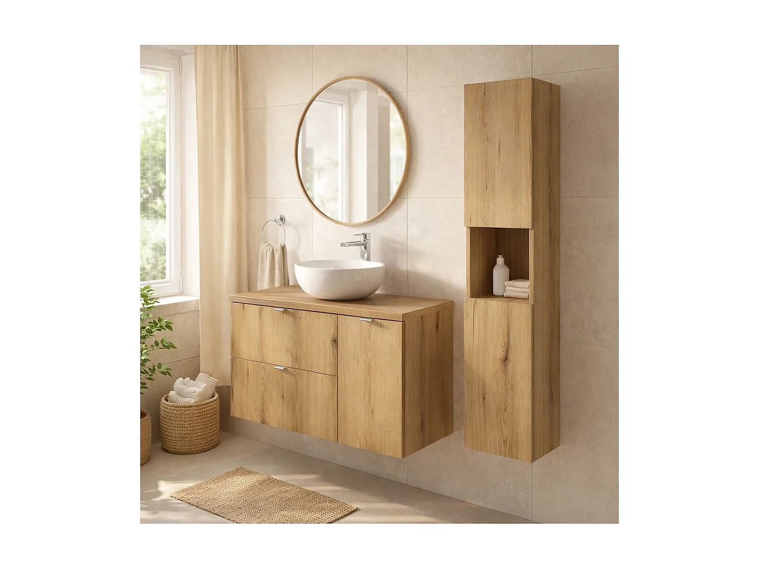 Ensemble de salle de bain VANO aspect chêne 120cm : meuble sous vasque à tiroirs et placards + plan pour vasque + colonne