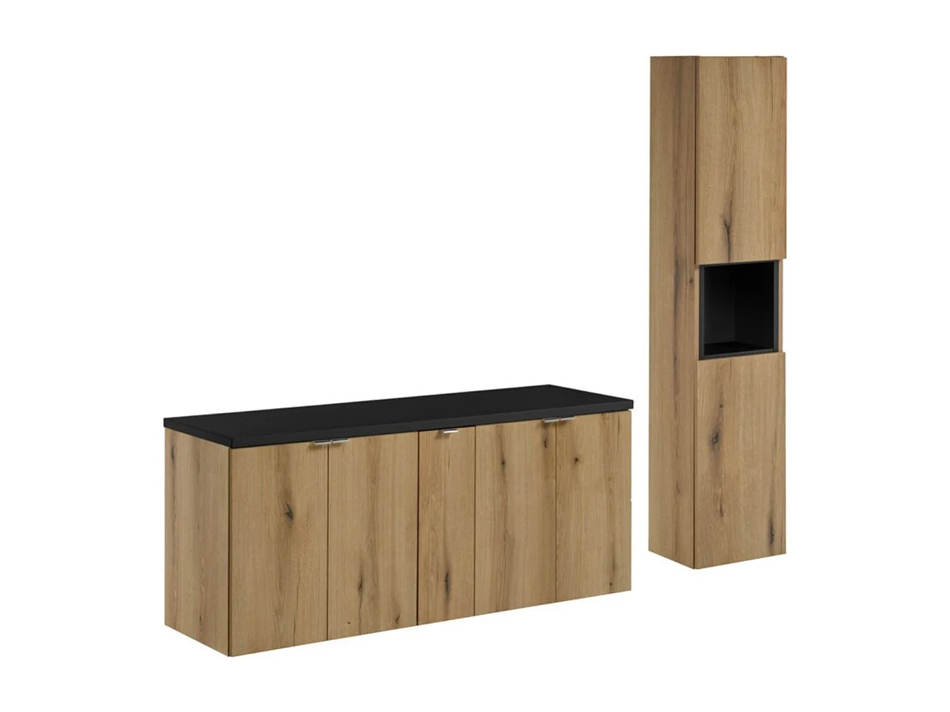 Ensemble de salle de bain suspendu VANO aspect chêne et noir 170cm : meubles sous vasque à placards + plan pour vasque + colonne
