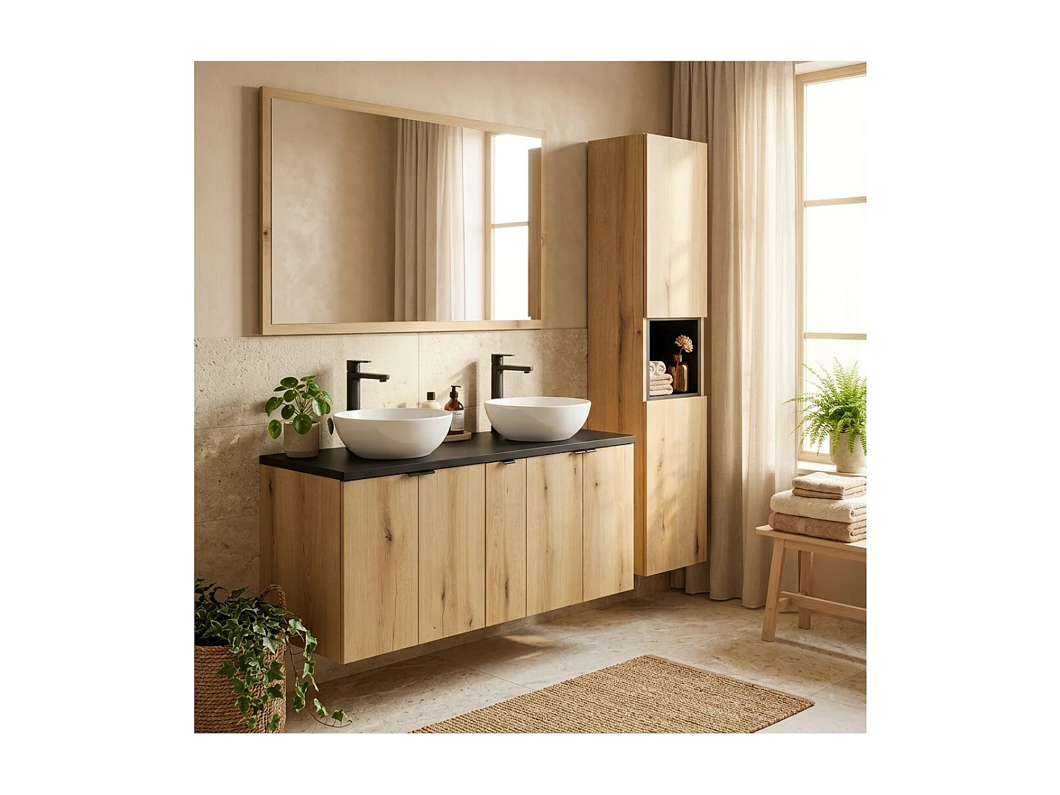 Ensemble de salle de bain suspendu VANO aspect chêne et noir 170cm : meubles sous vasque à placards + plan pour vasque + colonne