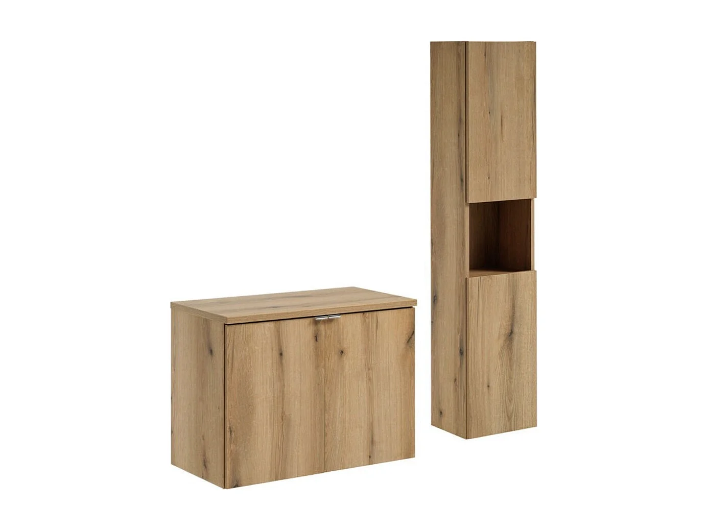 Ensemble de salle de bain suspendu VANO aspect chêne 110cm : meubles sous vasque à placards + plan pour vasque + colonne