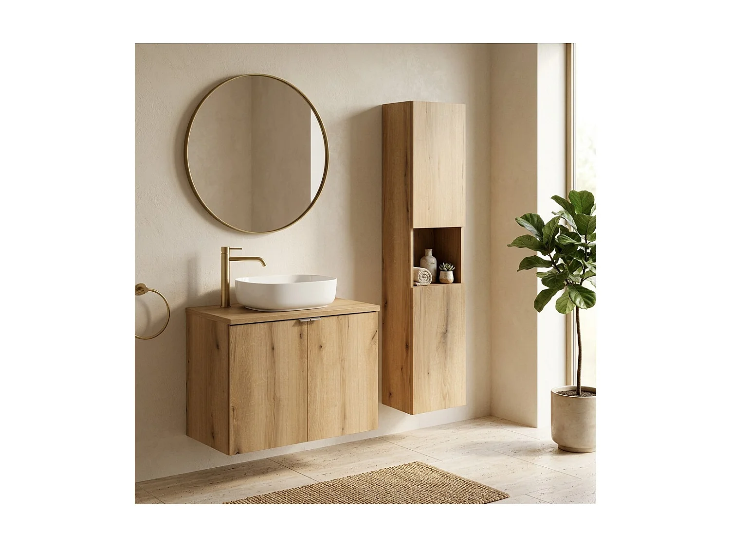 Ensemble de salle de bain suspendu VANO aspect chêne 110cm : meubles sous vasque à placards + plan pour vasque + colonne