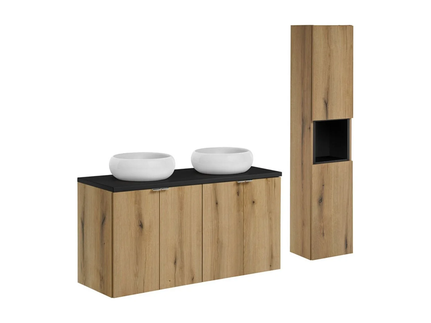 Ensemble VANO aspect chêne et noir 150cm : meubles sous vasque à placards + plan pour vasque + vasques à poser ronde + colonne