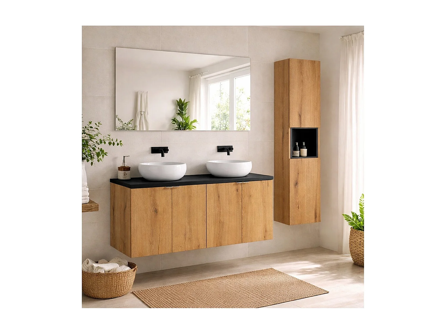 Ensemble VANO aspect chêne et noir 150cm : meubles sous vasque à placards + plan pour vasque + vasques à poser ronde + colonne