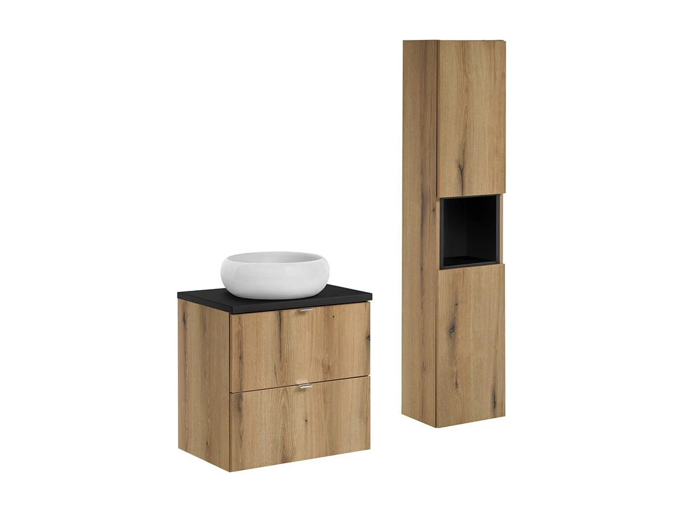 Ensemble VANO aspect chêne et noir 90cm : meuble sous vasque à tiroirs + plan pour vasque + vasque à poser ronde + colonne