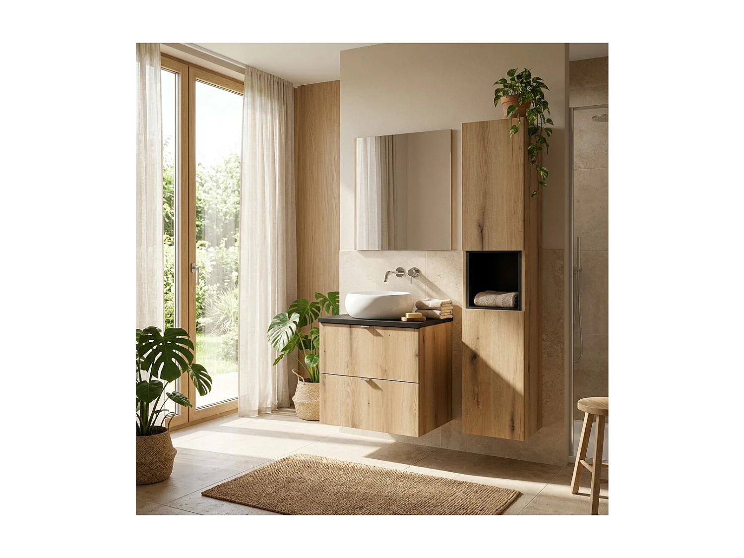 Ensemble VANO aspect chêne et noir 90cm : meuble sous vasque à tiroirs + plan pour vasque + vasque à poser ronde + colonne