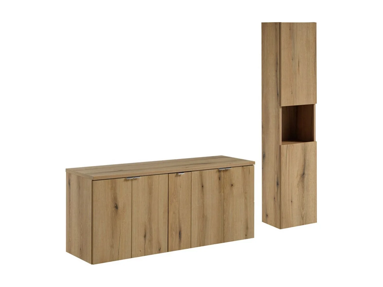 Ensemble de salle de bain suspendu VANO aspect chêne 170cm : meubles sous vasque à placards + plan pour vasque + colonne