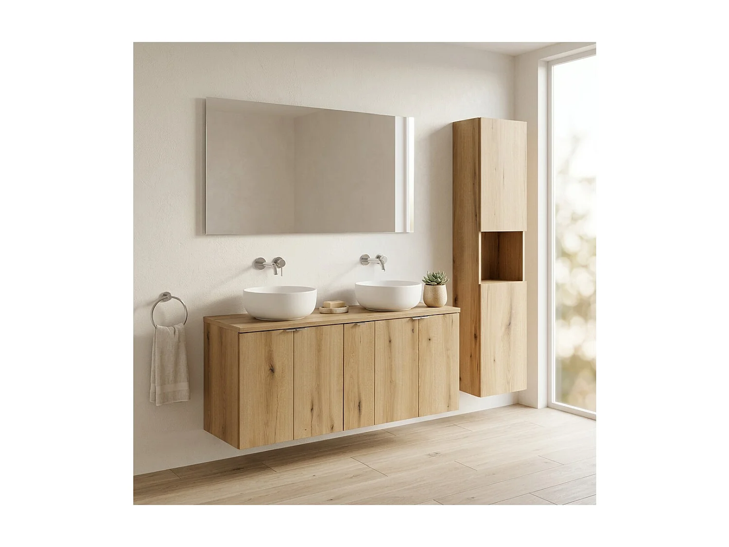 Ensemble de salle de bain suspendu VANO aspect chêne 170cm : meubles sous vasque à placards + plan pour vasque + colonne