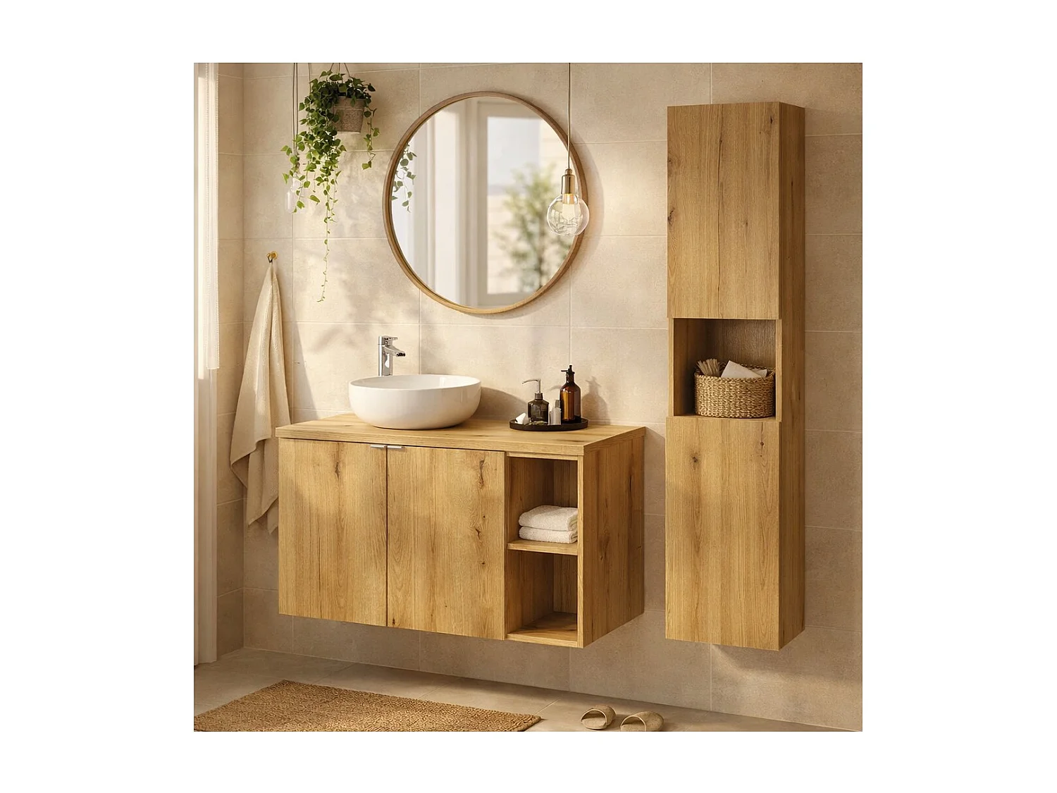 Ensemble VANO aspect chêne 130cm : meubles sous vasque à placards avec niches visibles + plan pour vasque + colonne