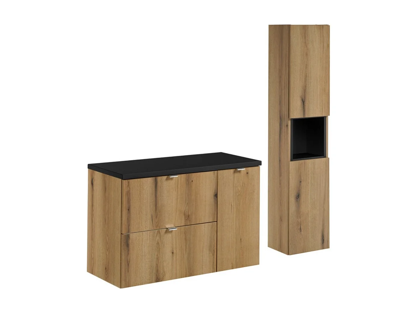 Ensemble de salle de bain VANO aspect chêne et noir 120cm : meuble sous vasque à tiroirs et placards + plan pour vasque + colonn