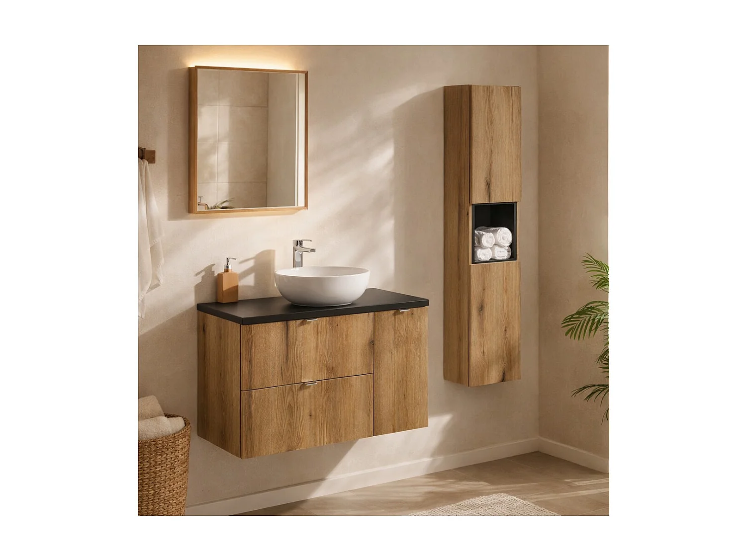 Ensemble de salle de bain VANO aspect chêne et noir 120cm : meuble sous vasque à tiroirs et placards + plan pour vasque + colonn