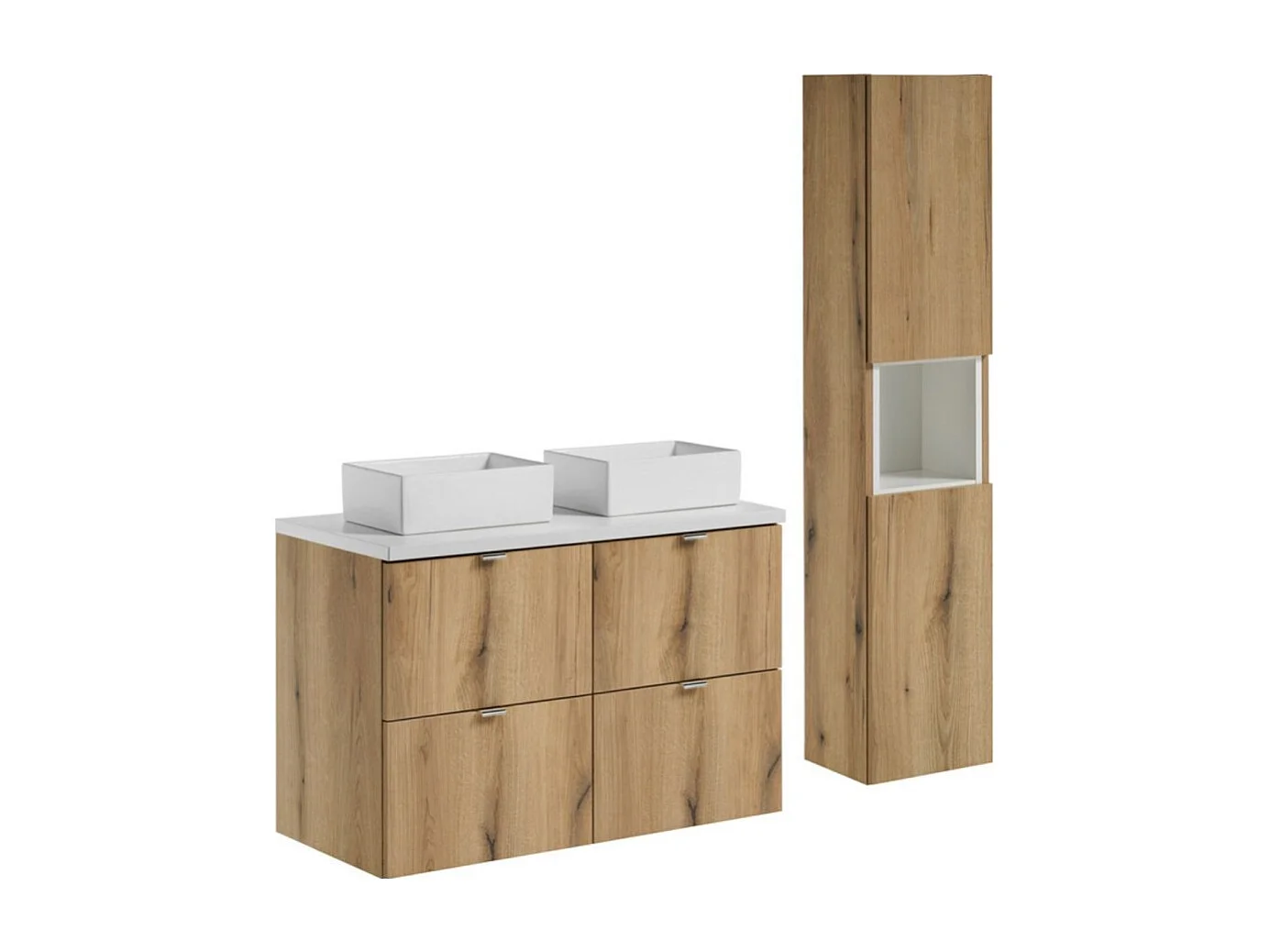 Ensemble VANO chêne et blanc 130cm : meubles sous vasque à tiroirs + plan pour vasque + vasques à poser rectangulaires + colonne