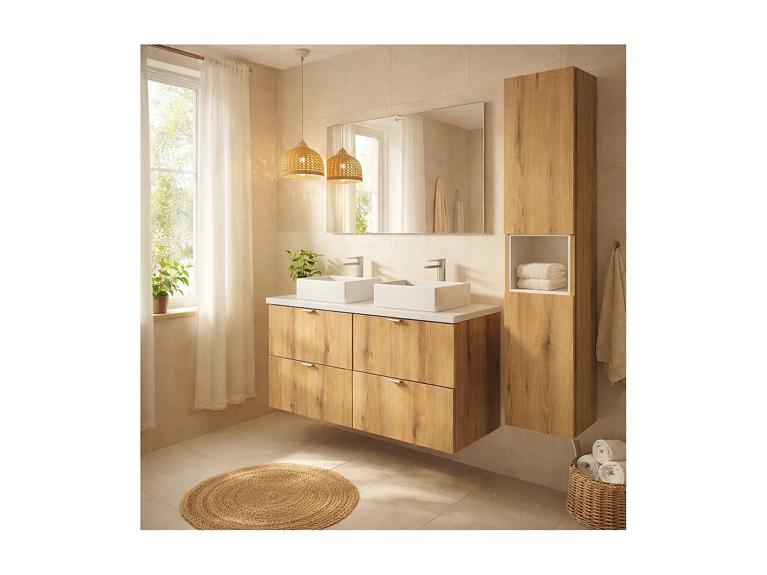 Ensemble VANO chêne et blanc 130cm : meubles sous vasque à tiroirs + plan pour vasque + vasques à poser rectangulaires + colonne