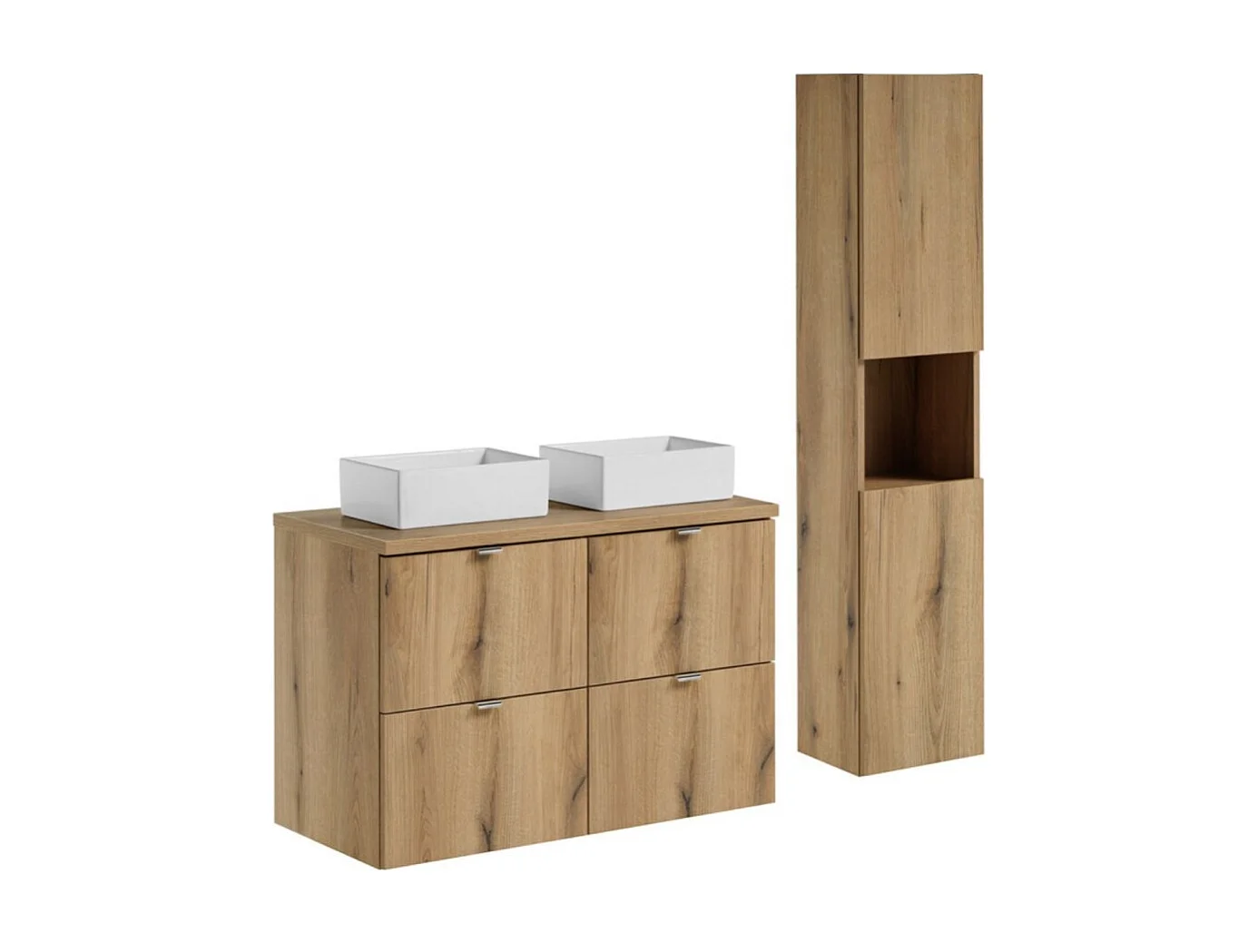 Ensemble VANO aspect chêne 130cm : meubles sous vasque à tiroirs + plan pour vasque + vasques à poser rectangulaires + colonne