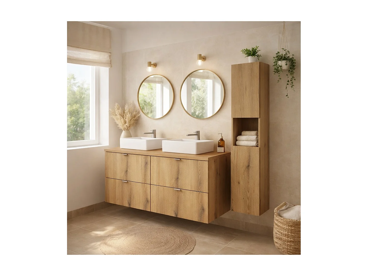Ensemble VANO aspect chêne 130cm : meubles sous vasque à tiroirs + plan pour vasque + vasques à poser rectangulaires + colonne