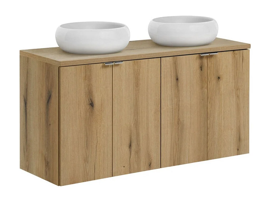 Ensemble VANO aspect chêne 120cm : meubles sous vasque à placards + plan pour vasque + vasques à poser ronde blanche