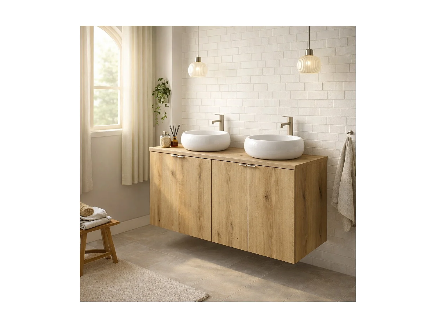 Ensemble VANO aspect chêne 120cm : meubles sous vasque à placards + plan pour vasque + vasques à poser ronde blanche