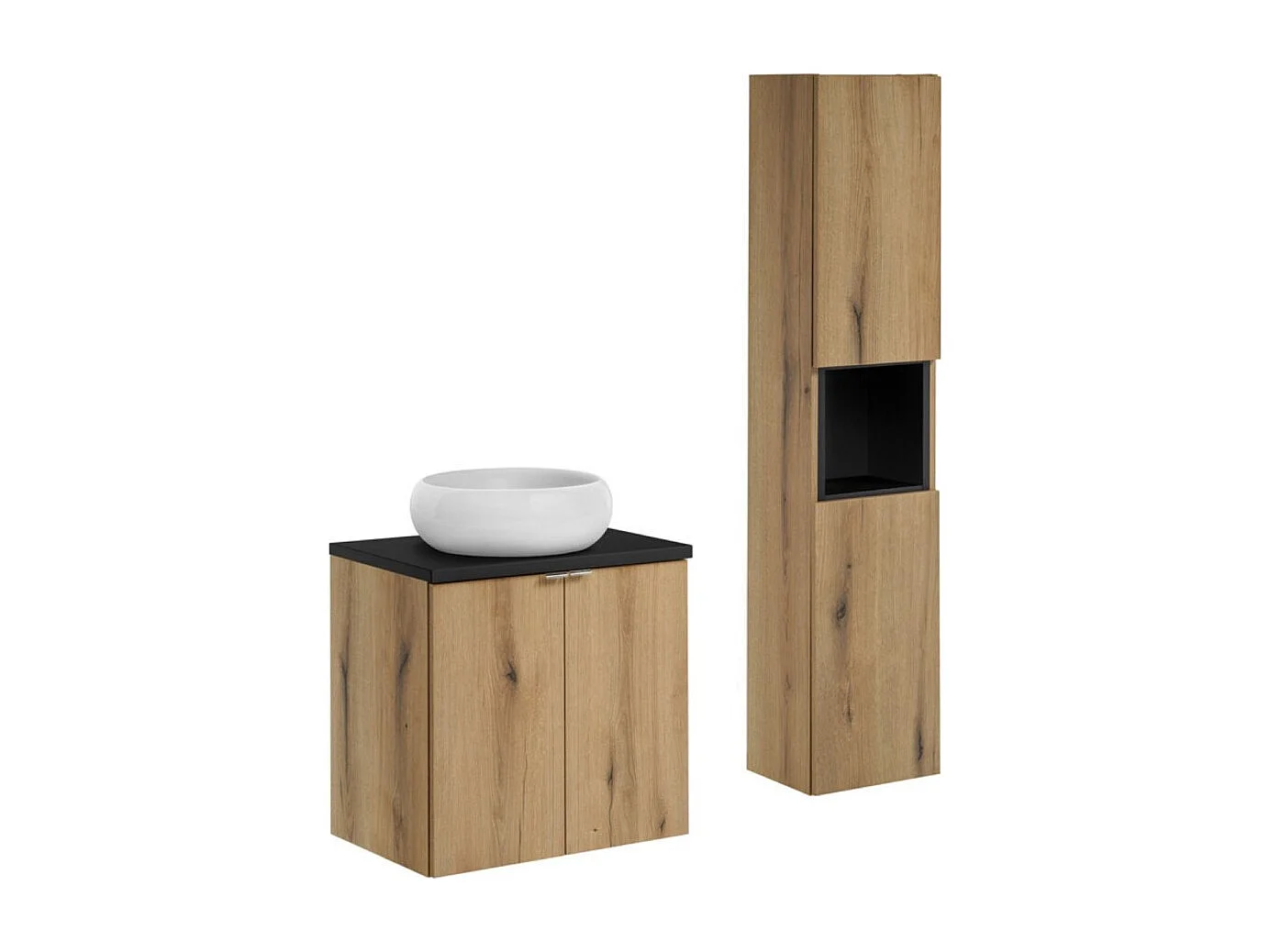 Ensemble VANO aspect chêne et noir 90cm : meuble sous vasque à placards + plan pour vasque + vasque à poser ronde + colonne