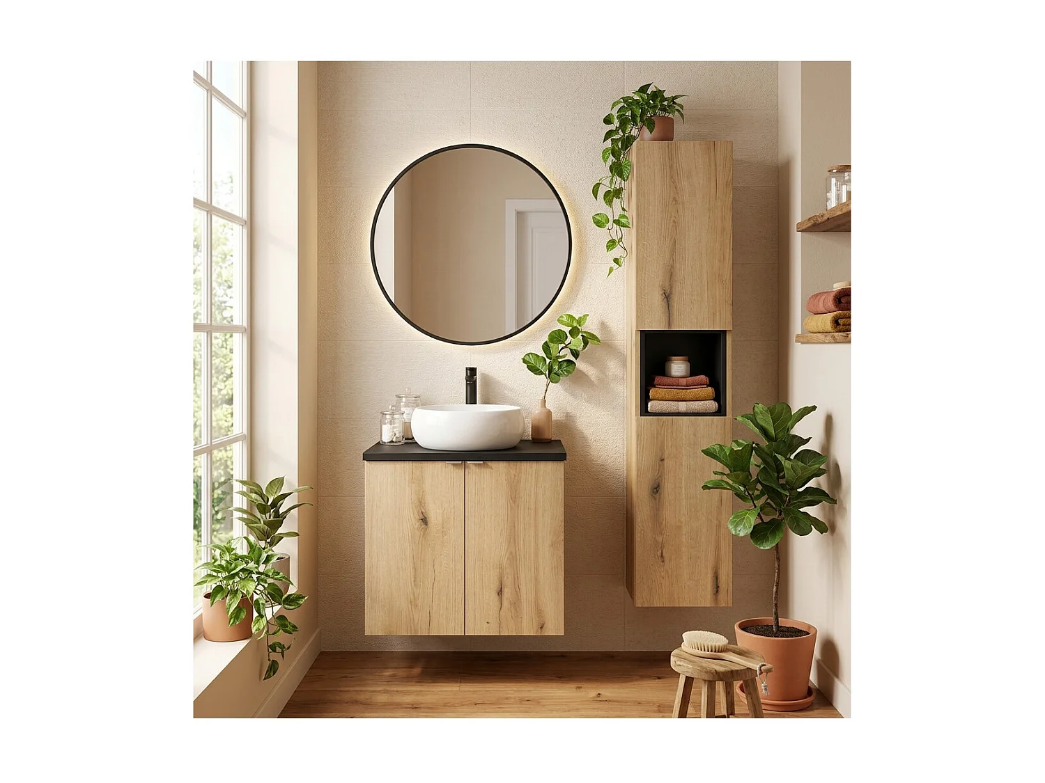 Ensemble VANO aspect chêne et noir 90cm : meuble sous vasque à placards + plan pour vasque + vasque à poser ronde + colonne